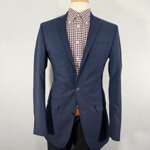 Lineage Men's Sport Coat Two Button Navy Blue Plaid Performance Stretch Size 38L